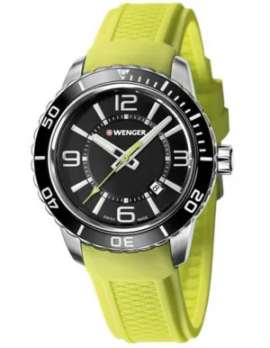 Wenger Mens Roadster - Acid Green Silicone Strap - Black Dial - Date - 100m