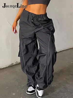 Wenkouban  2022 Loose Wide Leg Baggy Pants Women Hippie Casual Streetwear Low Waist Cargo Trousers Contrast Stitching Sweatpants