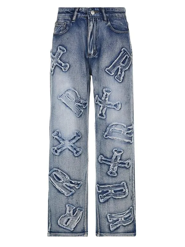 Wenkouban Faded boyfriend jeans with letter patch