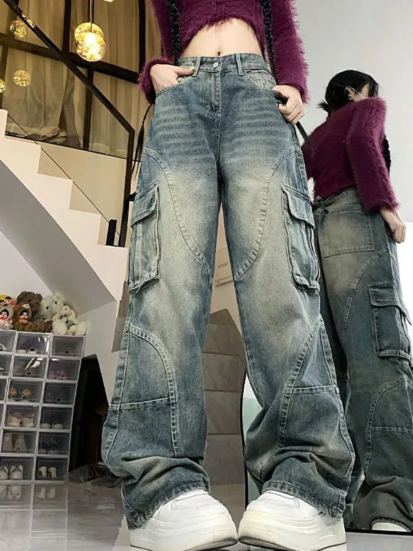 Wenkouban Hip Hop Multi Pockets Splice Cargo Jeans