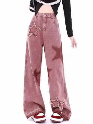 Wenkouban Pink hip hop boyfriend jeans with star pattern embroidery