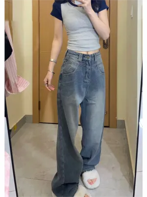 Wenkouban Vintage Blue Washed Boyfriend Jeans with Grosgrain Detail