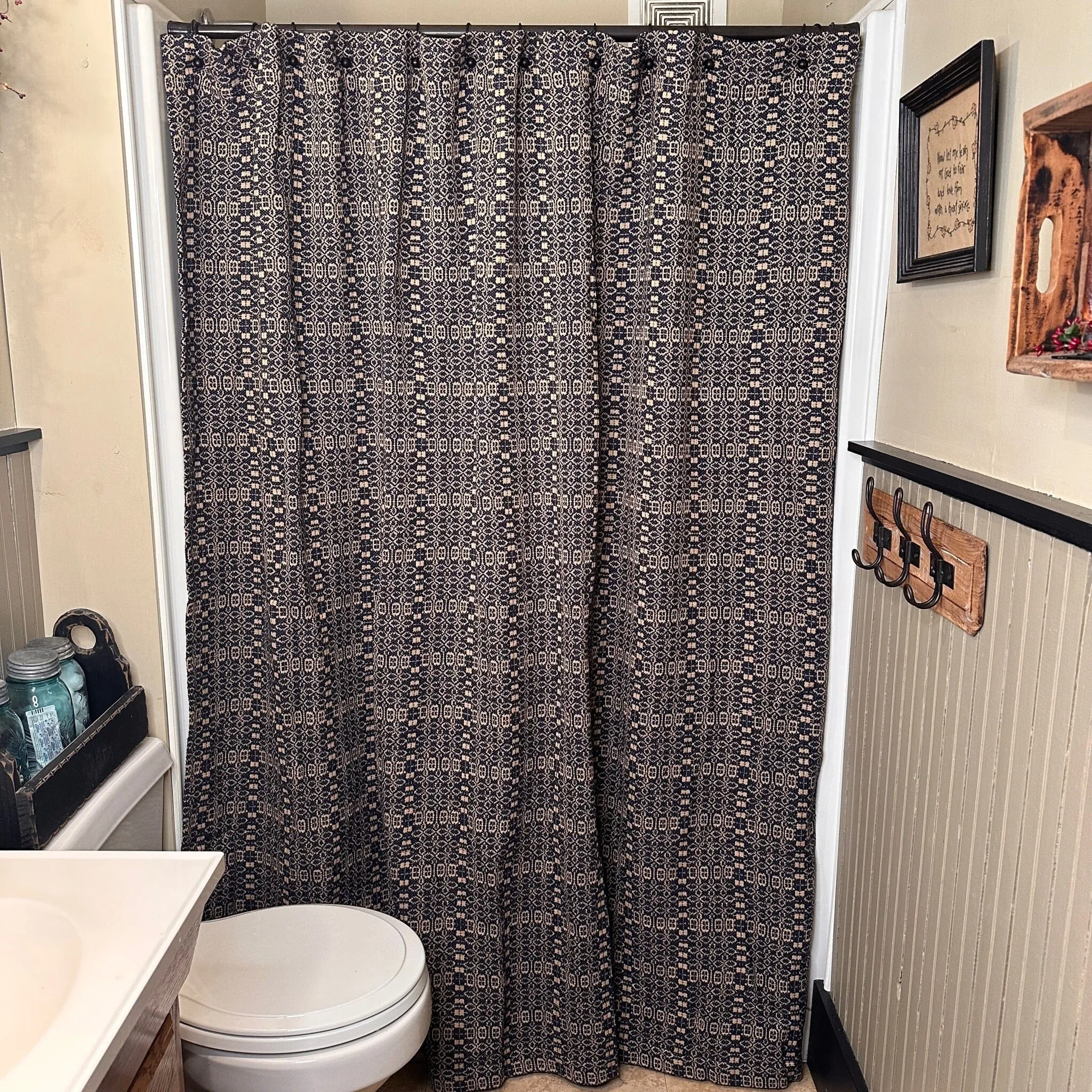 Wentworth Navy and Linen Woven Shower Curtain