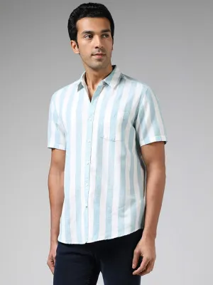 WES Casuals Aqua Striped Slim-Fit Blended Linen Shirt