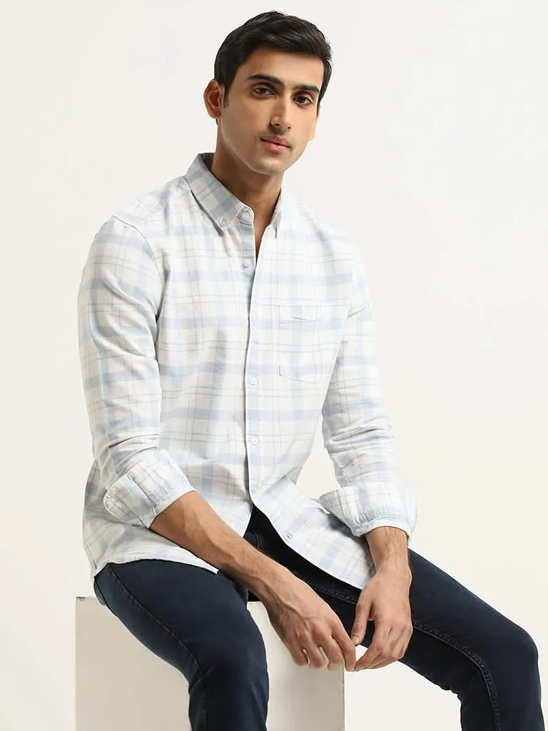 WES Casuals Blue Checked Cotton Slim Fit Shirt