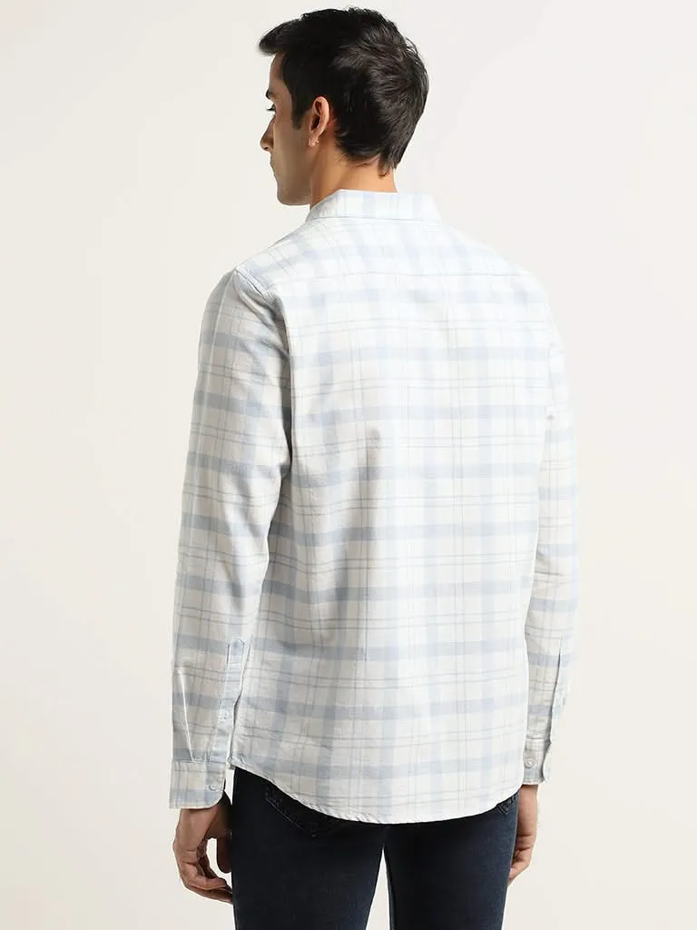 WES Casuals Blue Checked Cotton Slim Fit Shirt