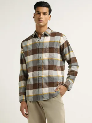 WES Casuals Brown Checked Cotton Relaxed Fit Shirt