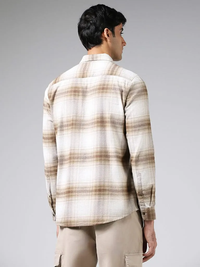 WES Casuals Brown Plaid Checked Cotton Slim-Fit Shirt