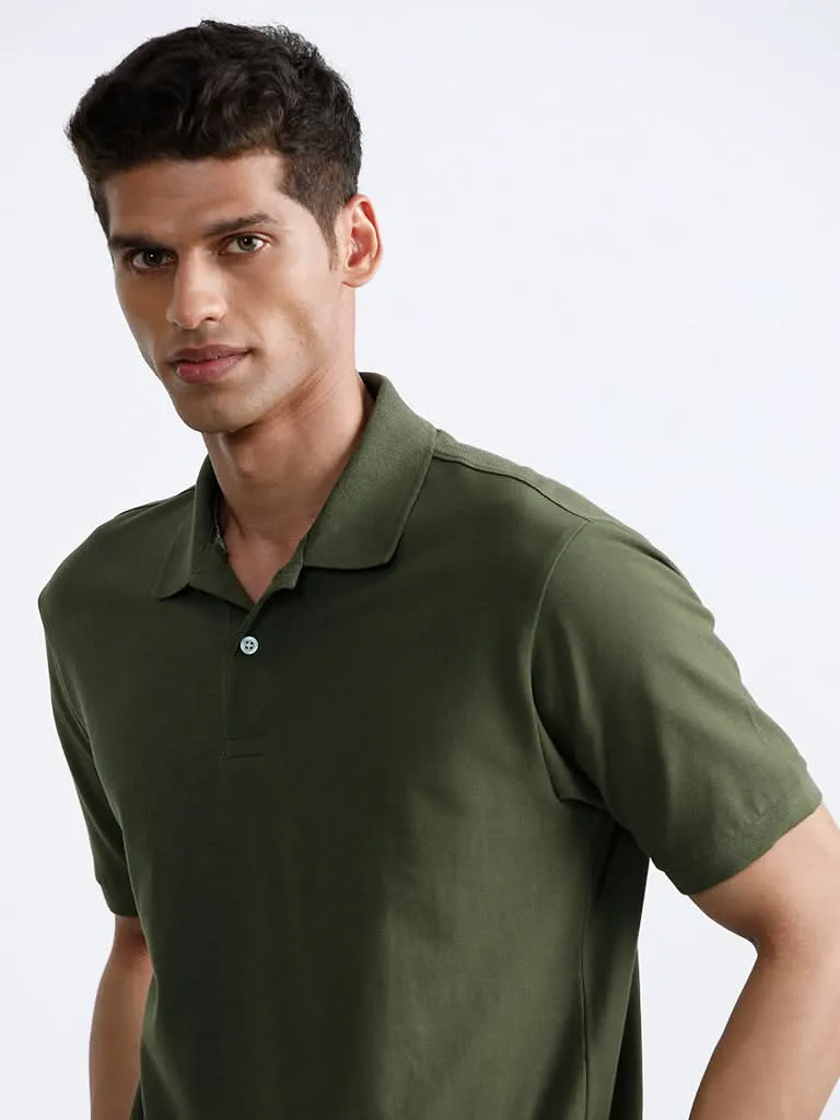 WES Casuals Dark Olive Polo Neck Cotton Blend Relaxed-Fit T-Shirt