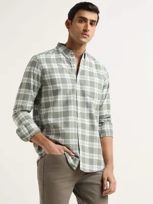 WES Casuals Green Checked Cotton Slim Fit Shirt