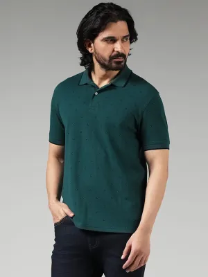 WES Casuals Green Floral Printed Cotton Blend Slim-Fit Polo T-Shirt