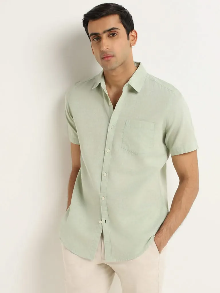 WES Casuals Green Printed Cotton Slim Fit Shirt