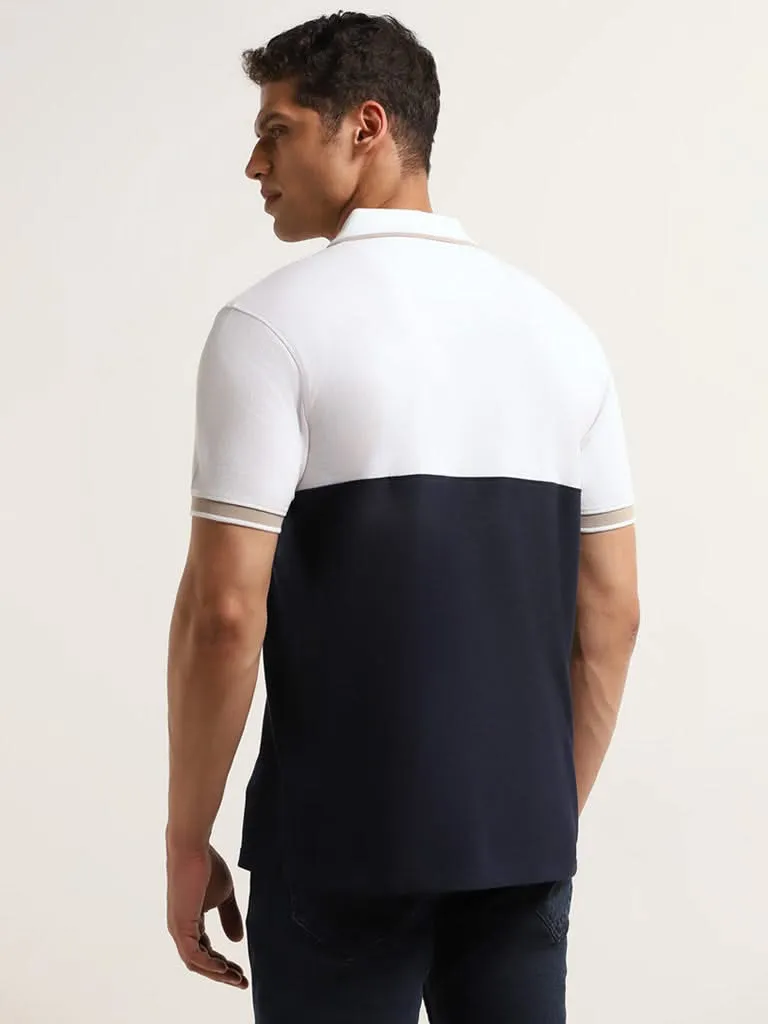 WES Casuals Navy Colour-Block Cotton Blend Slim Fit Polo T-Shirt