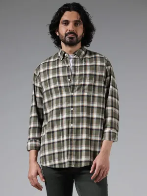 WES Casuals Olive Checked Cotton Relaxed-Fit Shirt