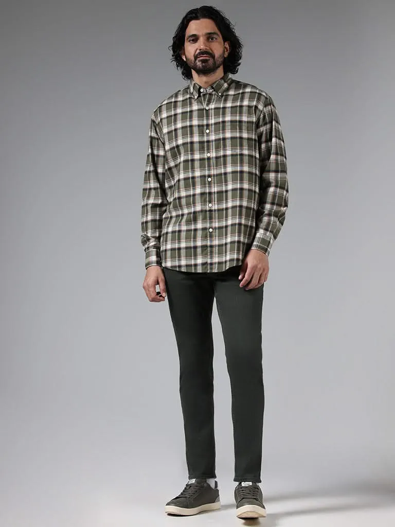 WES Casuals Olive Checked Cotton Relaxed-Fit Shirt