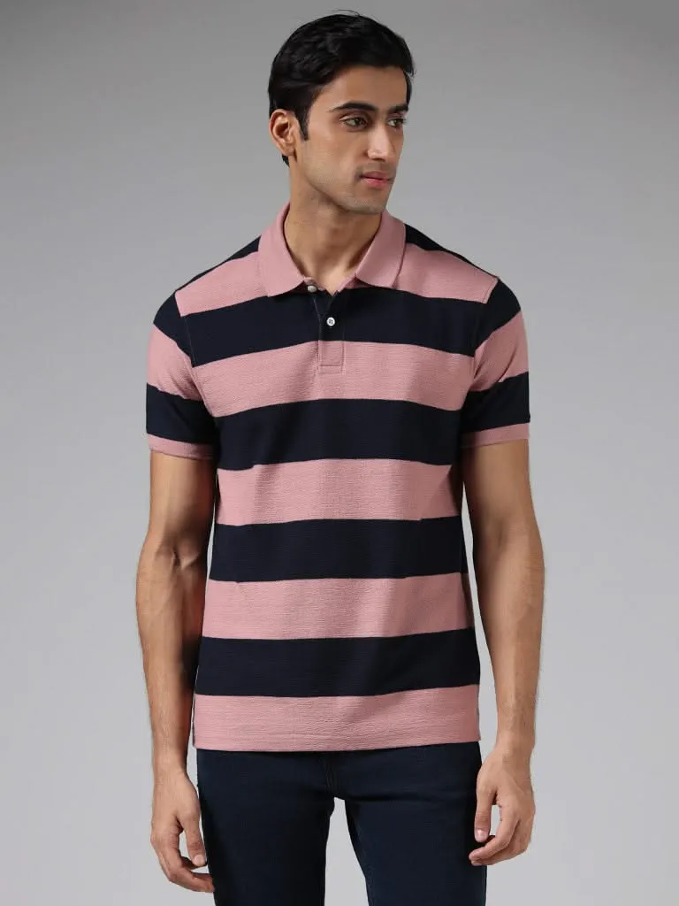 WES Casuals Pink Striped Cotton Blend Slim-Fit Polo T-Shirt