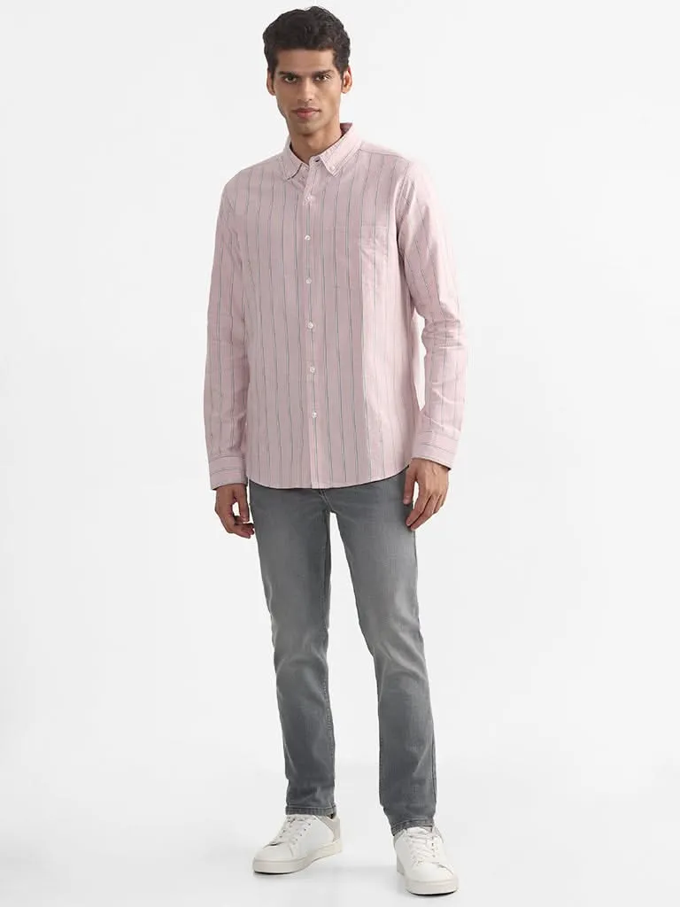 WES Casuals Pink Striped Slim-Fit Shirt