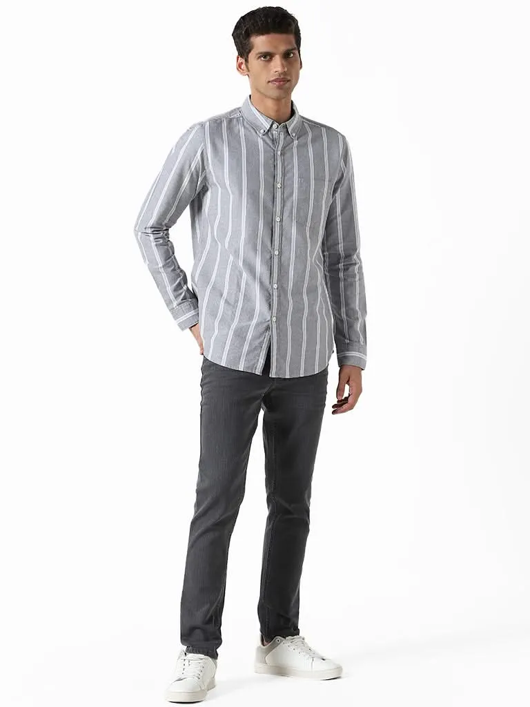 WES Casuals Striped Dark Grey Slim-Fit Shirt