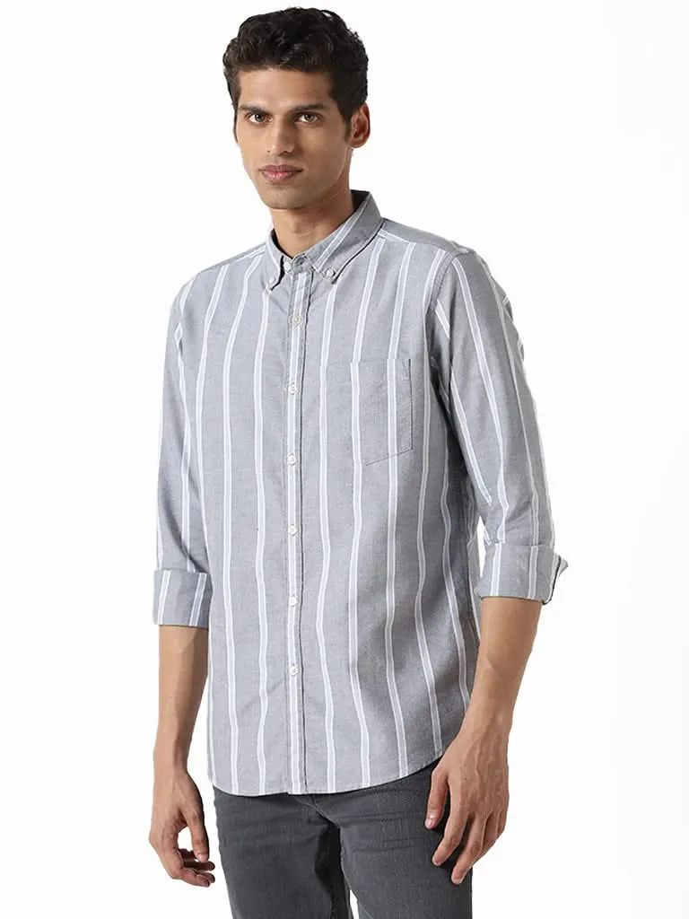 WES Casuals Striped Dark Grey Slim-Fit Shirt