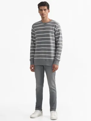 WES Casuals Striped Grey Cotton Blend Slim-Fit Sweater