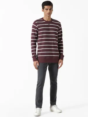 WES Casuals Striped Mauve Ribbed Slim-Fit Sweater