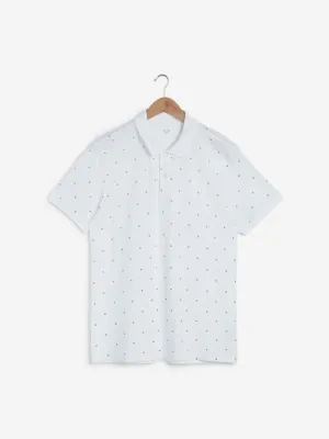 WES Casuals White Printed Slim Fit Polo T-Shirt