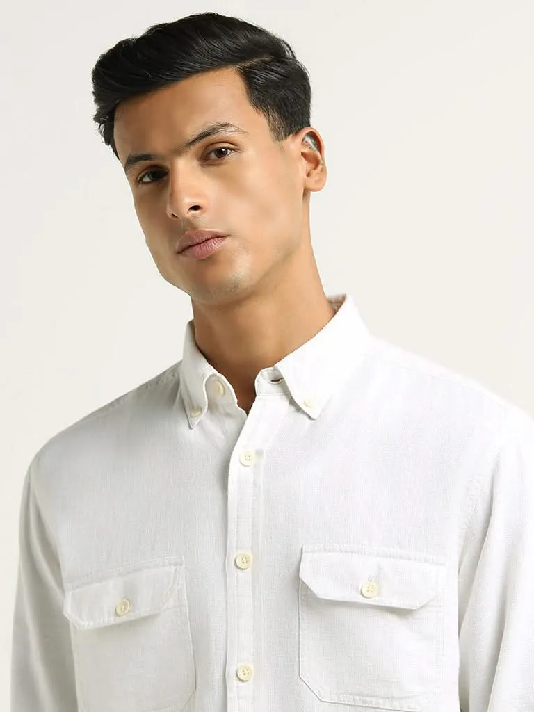 WES Casuals White Relaxed Fit Blended Linen Shirt