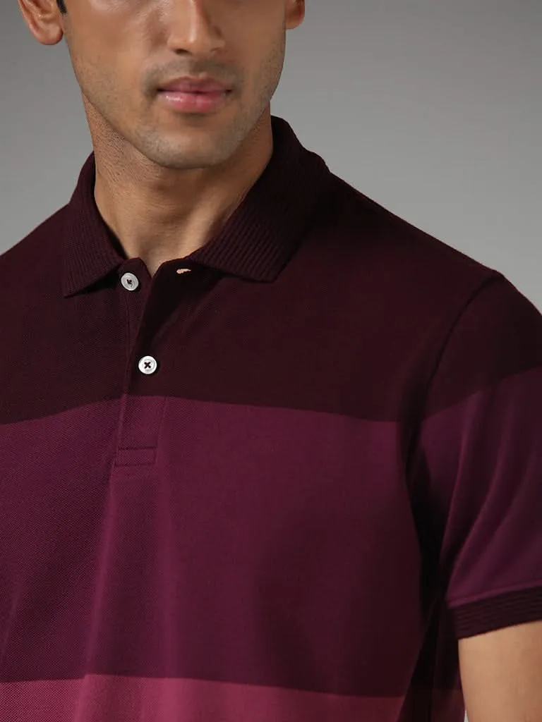 WES Casuals Wine Colorblock Slim-Fit Polo T-Shirt