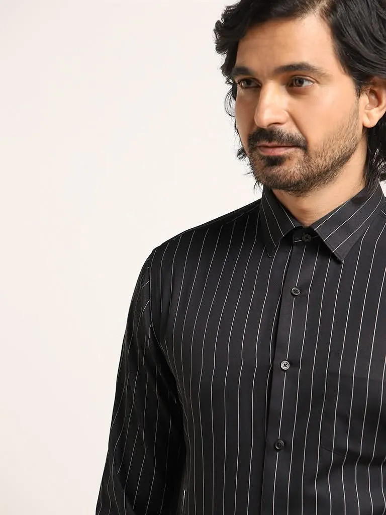 WES Formals Black Striped Cotton Slim Fit Shirt