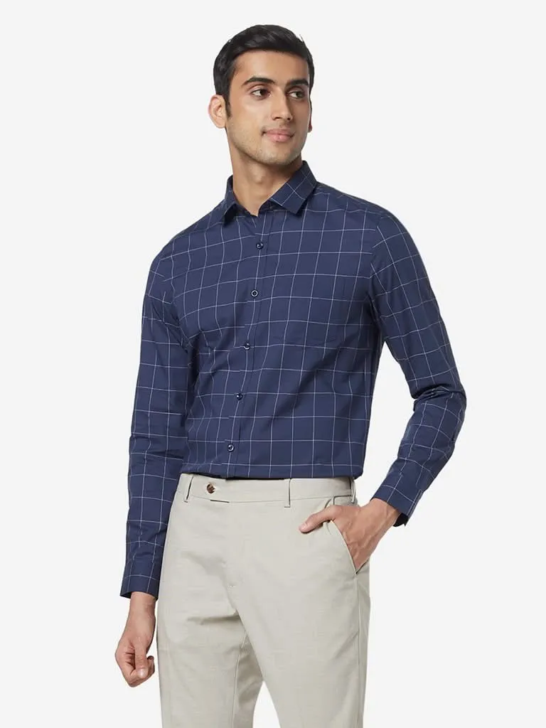 WES Formals Blue Checkered Slim-Fit Shirt