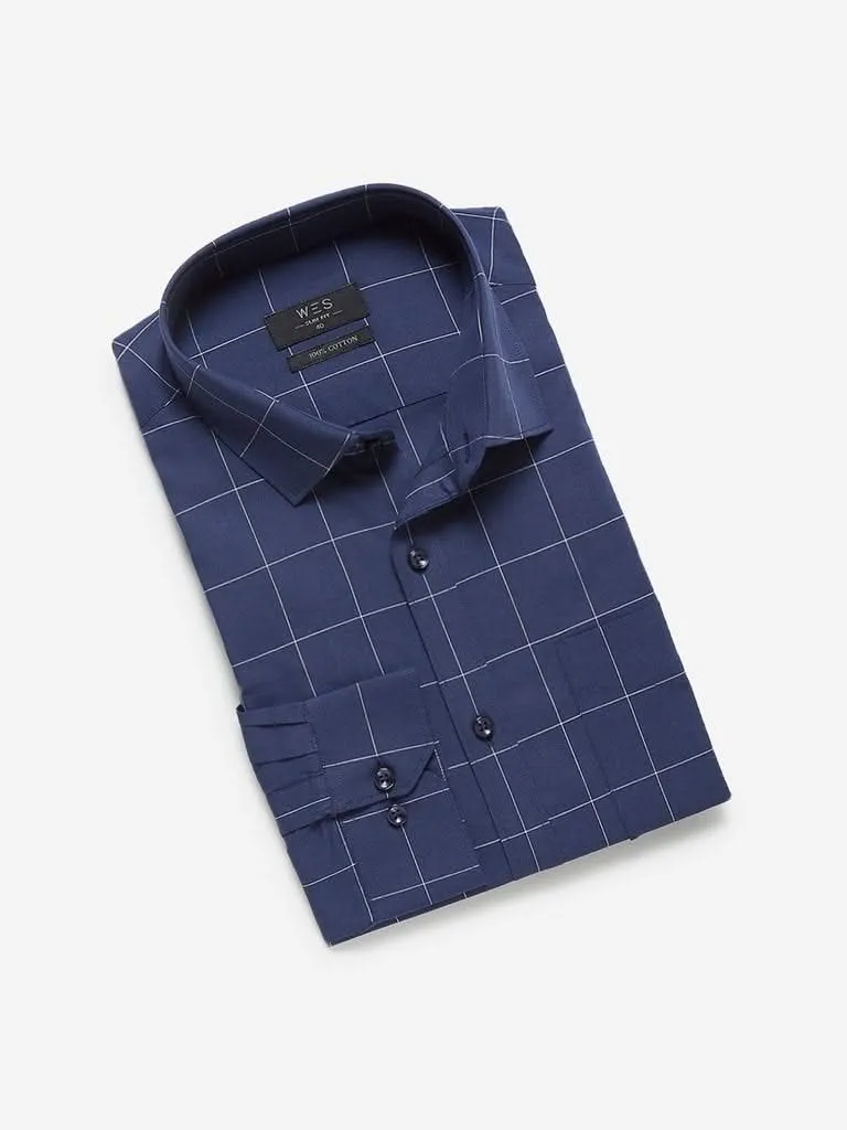 WES Formals Blue Checkered Slim-Fit Shirt