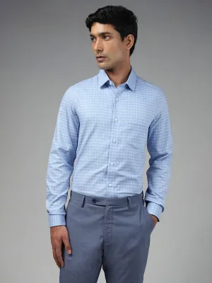 WES Formals Checked Blue Cotton Slim-Fit Shirt