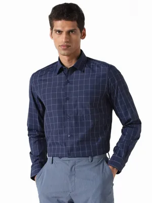 WES Formals Checked Navy Slim-Fit Shirt