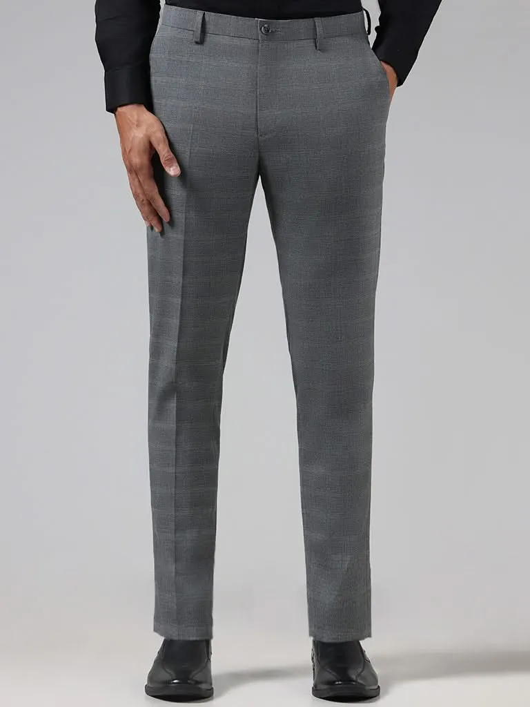 WES Formals Grey Checked Slim Tapered Fit Trousers