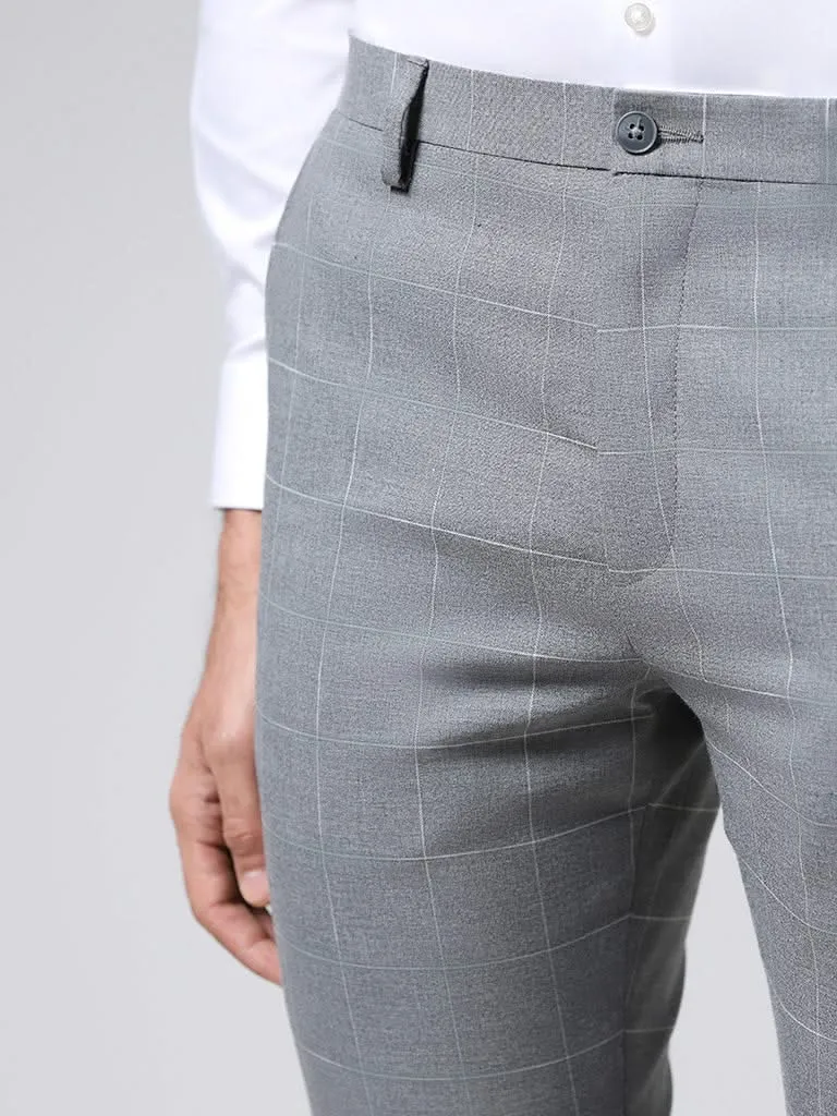 WES Formals Grey Graph Checked Slim-Fit Mid-Rise Trousers