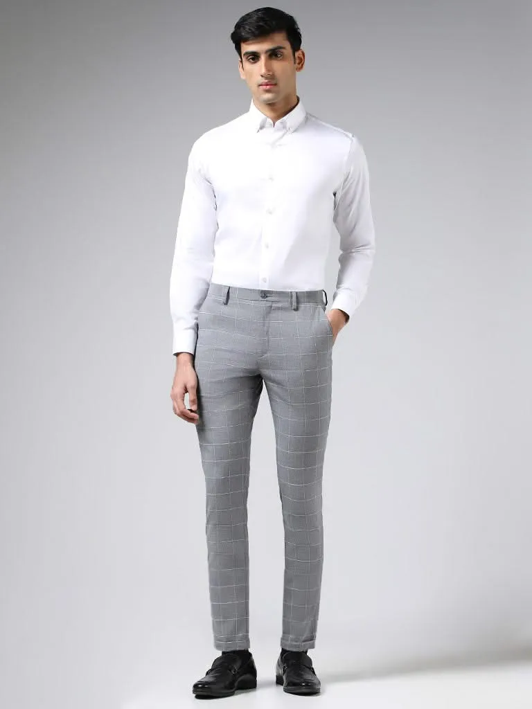 WES Formals Grey Graph Checked Slim-Fit Mid-Rise Trousers