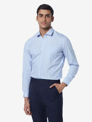 WES Formals Light Blue Slim-Fit Striped Shirt