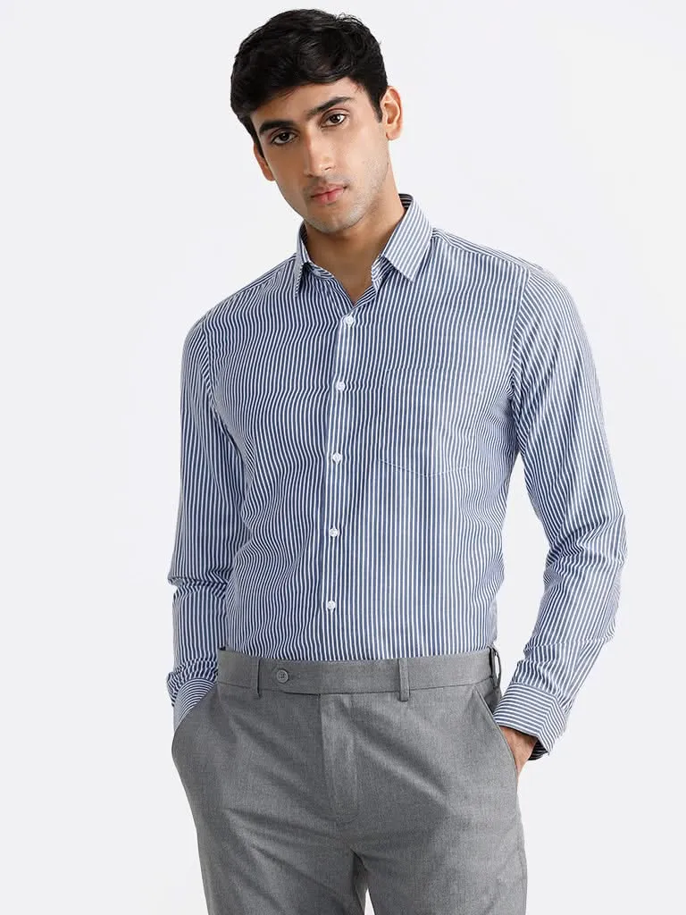 WES Formals Navy Striped Slim-Fit Shirt