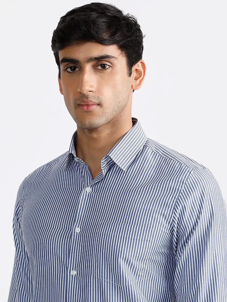 WES Formals Navy Striped Slim-Fit Shirt