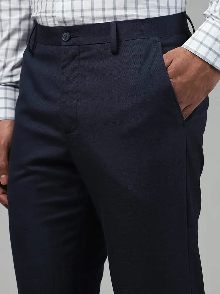 WES Formals Solid Navy Blue Slim-Fit Mid-Rise Trousers