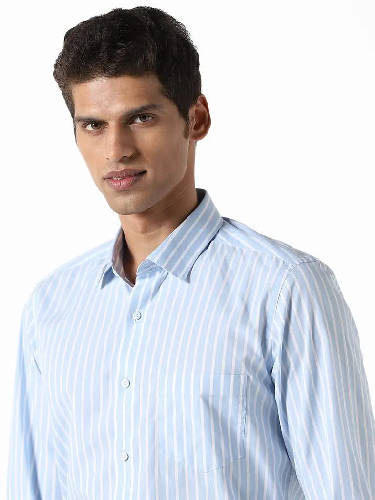 WES Formals Striped Blue Cotton Slim-Fit Shirt