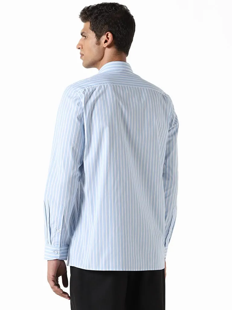 WES Formals Striped Blue Cotton Slim-Fit Shirt