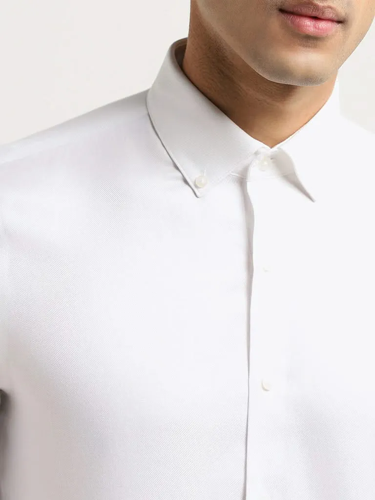 WES Formals White Self-Patterned Cotton Slim Fit Shirt