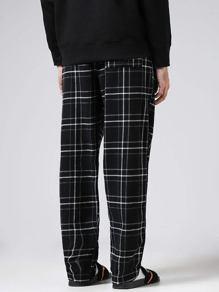 WES Lounge Black Plaid Checked Cotton Relaxed-Fit Pyjamas