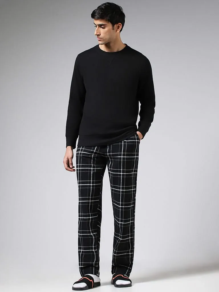 WES Lounge Black Plaid Checked Cotton Relaxed-Fit Pyjamas