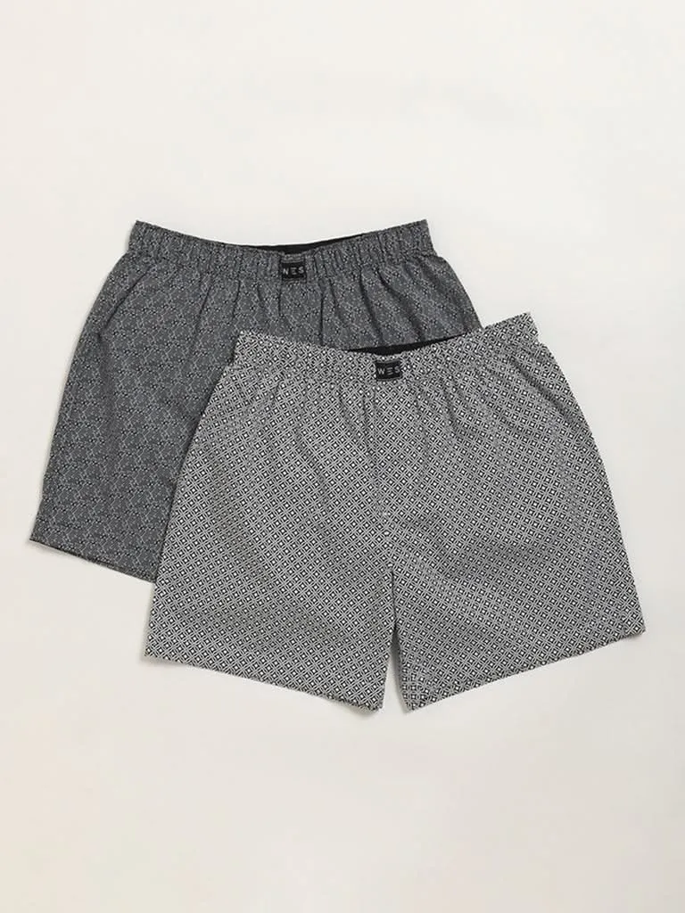 WES Lounge Grey Printed Cotton Boxers - Pack of 2