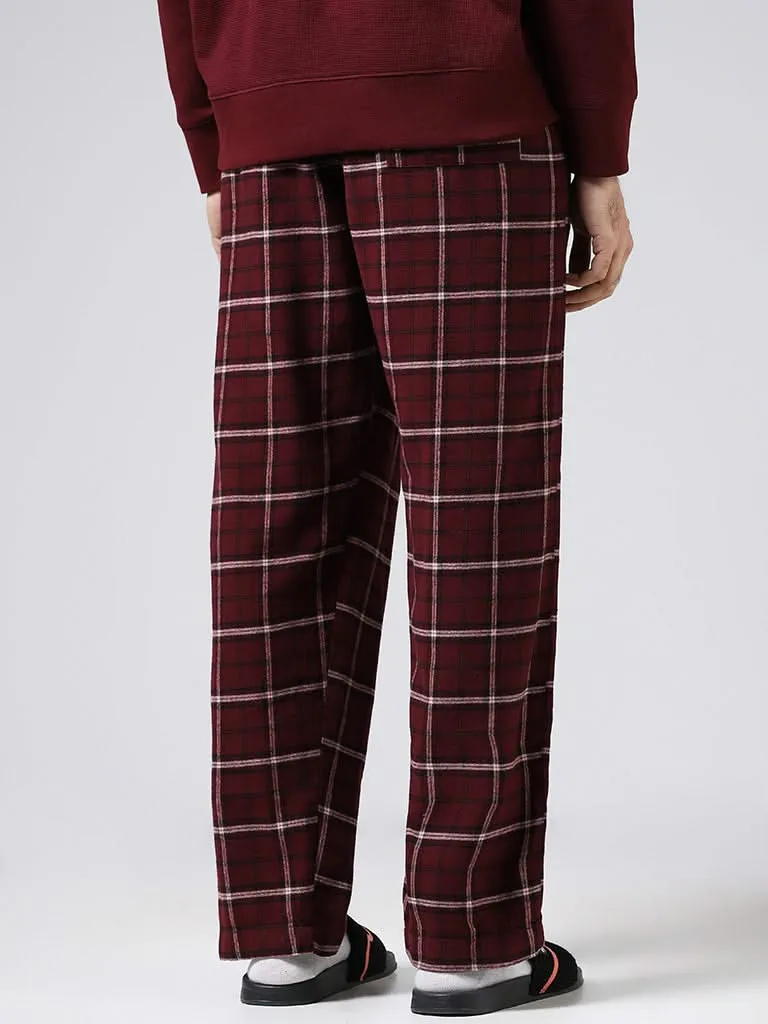 WES Lounge Maroon Plaid Checked Cotton Relaxed-Fit Pyjamas