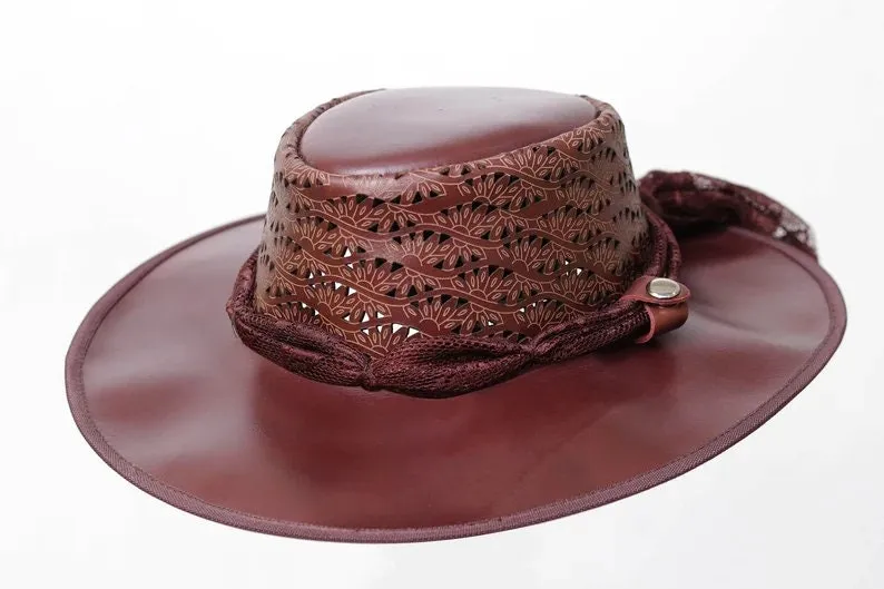 Western Purplish Flower Engraved Leather Flower Mesh Ladies Sun Hat Women Aussie Casual