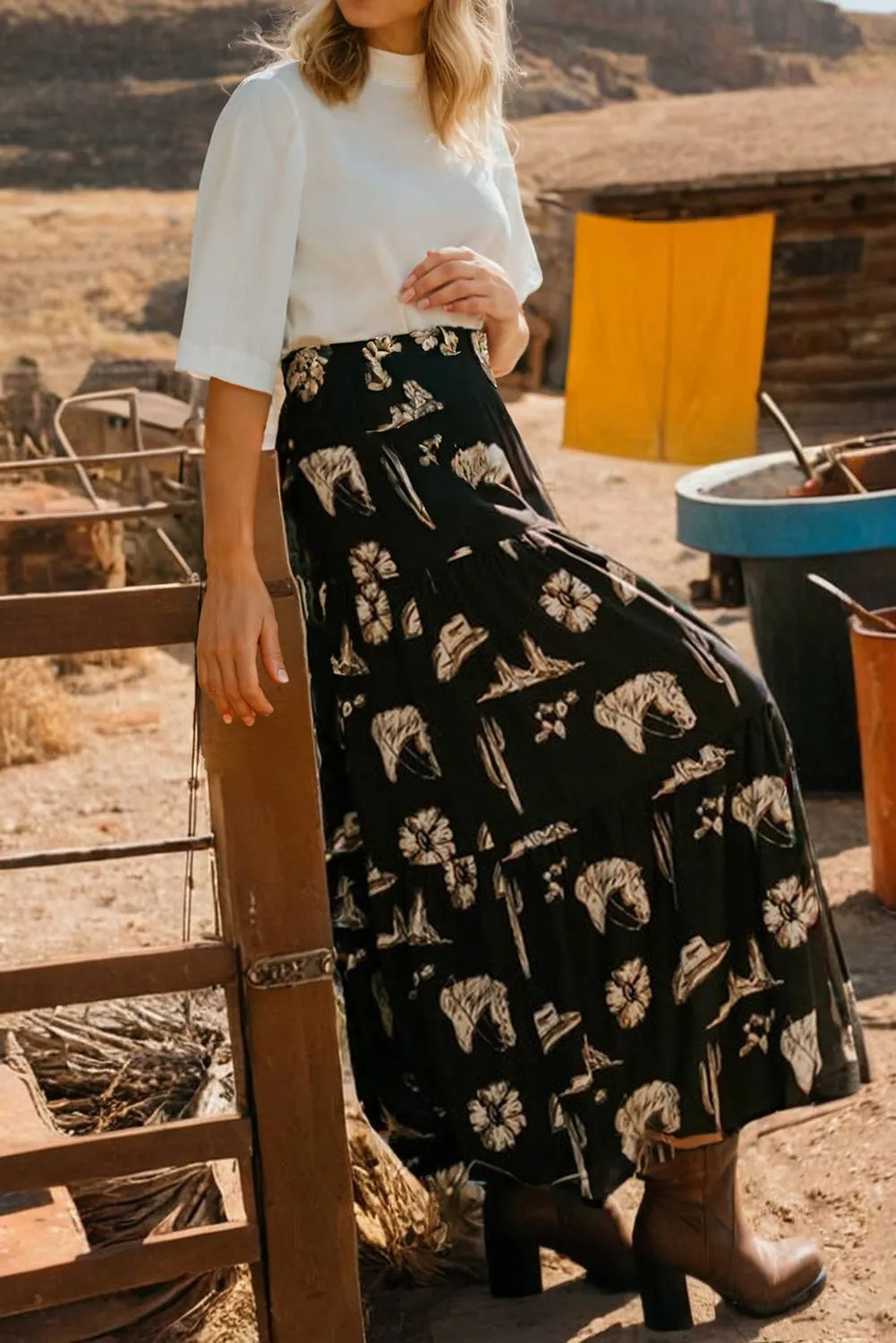 Western Tiered Ruffled High Waist Maxi Skirt