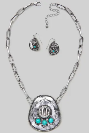 Western Turquoise Cowboy Hat Silvertone Necklace Seti